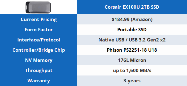 Corsair EX100U 2TB Portable USB Type-C Storage Drive - Blazing-Fast Storage  to Any PC/Mac/Console, Gen2 x2 Connection, Up to 20Gbps, Plug and Play