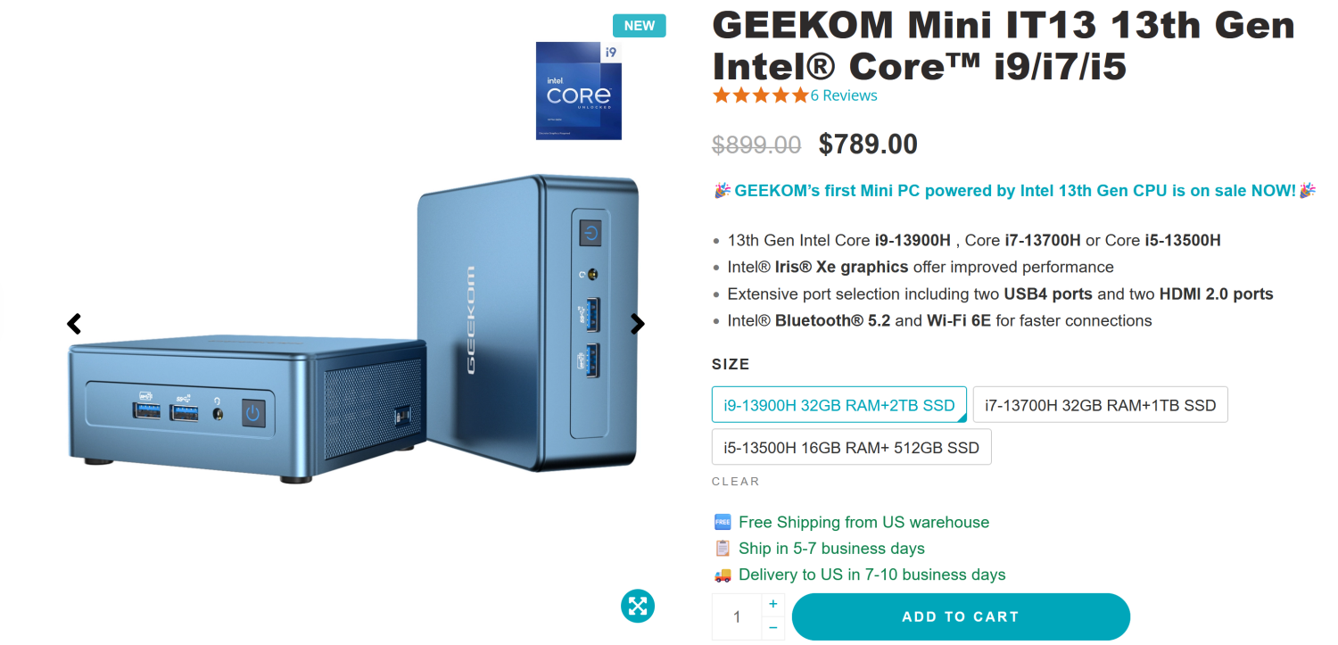 GEEKOM Mini PC Mini IT13 13th Gen Intel Core i9-13900H(14 Cores,20