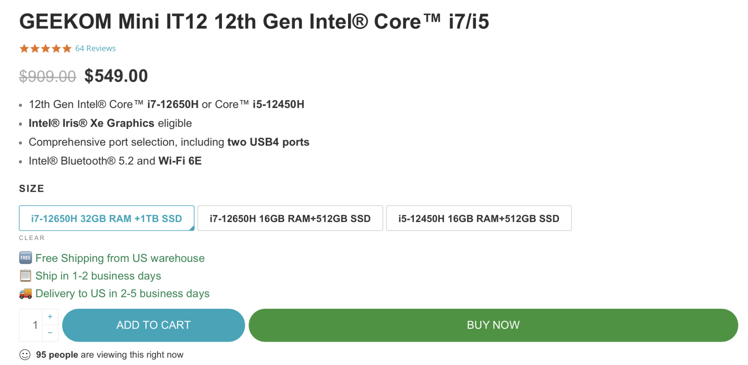  GEEKOM Mini PC Mini IT12, 12th Gen Intel i7-12650H