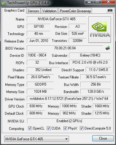 Galaxy GeForce GTX 465 in SLI Overclocked w/ Voltage Adjustment 01