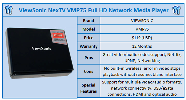 Quick Review: ViewSonic NexTV VMP75 Full HD Network Media Player 100 Quick Review: ViewSonic NexTV VMP75 Full HD Network Media Player 100