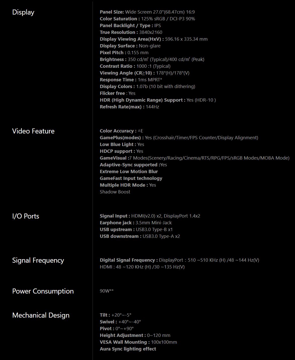 ASUS ROG Strix 27 4K HDR 144Hz DSC Gaming Monitor (XG27UQR) - UHD (3840 x  2160) Pixels