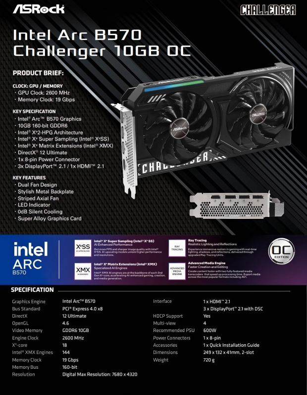 ASRock Intel Arc B570 Challenger 10GB OC spec sheet, image credit: ASRock/Videocardz.