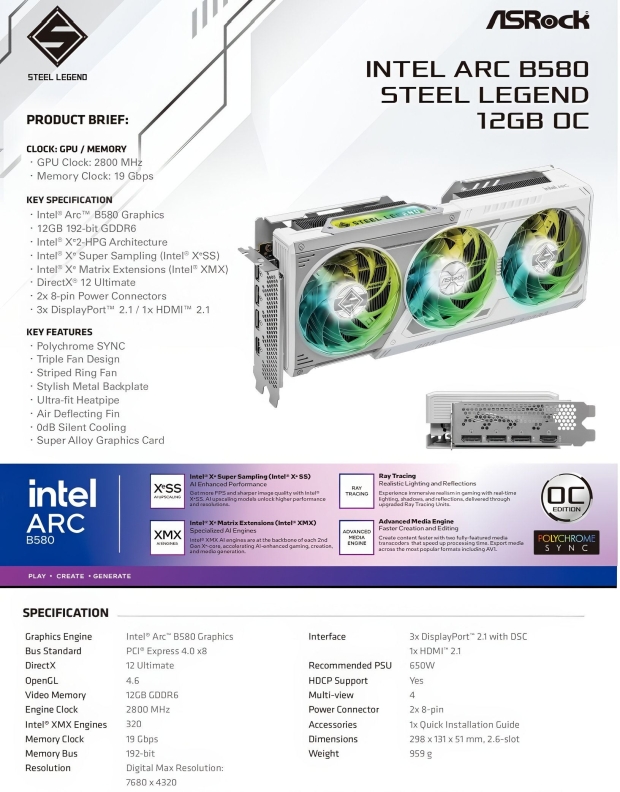 ASRock Intel Arc B580 Steel Legend 12GB OC spec sheet, image credit: ASRock/Videocardz.