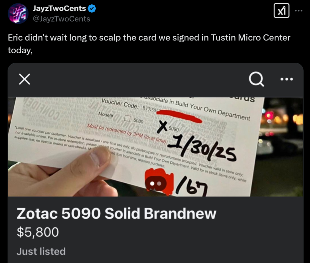 GeForce RTX 5090 signed by JayzTwoCents scalped already, up for stupidly high $5800