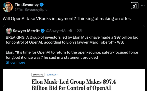 Epic Games CEO Tim Sweeney asks if OpenAI will take VBucks as payment to buy ChatGPT maker