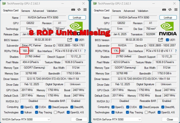 NVIDIA shipping gimped GeForce RTX 5090 cards with missing ROPs with 4.5% less performance