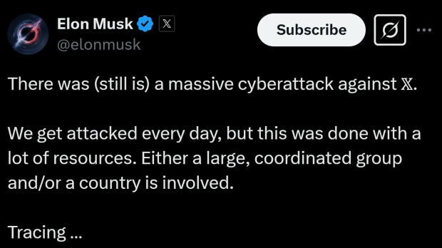 Elon Musk says a 'massive cyberattack' is causing service interruptions for X and Grok
