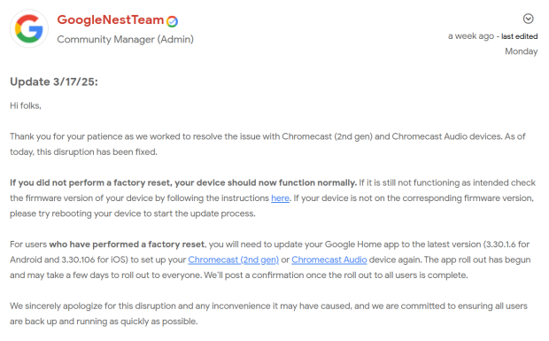 Google shares important update on how to fix the Chromecast devices it killed 123312