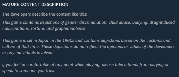 <a href="https://store.steampowered.com/app/2947440/SILENT_HILL_f/" target="_blank"><strong>Silent Hill f Steam listing disclaimers</strong></a>