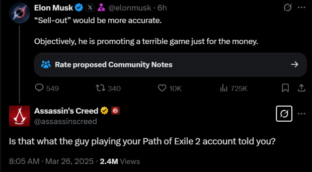 Elon Musk calls Assassin's Creed Shadows 'terrible,' Ubisoft responds with slam dunk 65561165