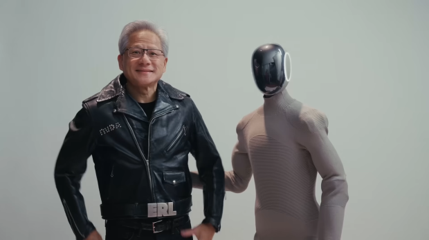 NVIDIA CEO Jensen Huang given a new leather jacket by a humanoid robot from 1X Technologies