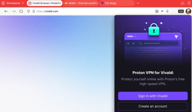 ProtonVPN is now integrated into the browser, but you'll need to sign in with your Vivaldi account to use it (Image Credit: Vivaldi)