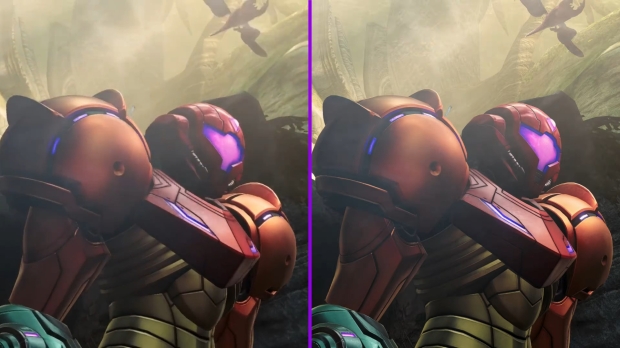 Metroid Prime 4 Beyond running on the original Switch (left) and Nintendo Switch 2 (right).
