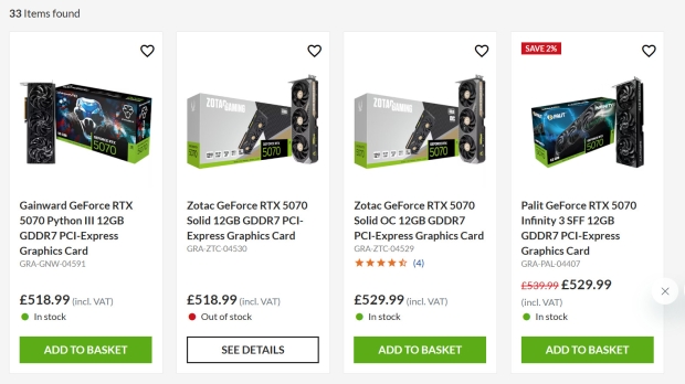 The Zotac model at the reduced price isn't in stock, but Gainward's RTX 5070 is (Image Credit: Overclockers UK)