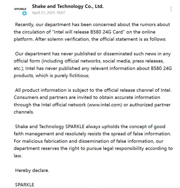 SPARKLE confirms Intel to launch Arc Battlemage GPU with 24GB of GDDR6 in May-June, at Computex 205