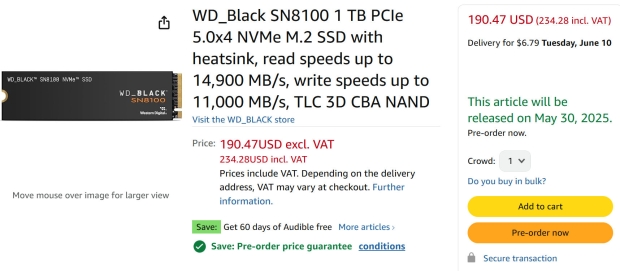 WD_BLACK SN8100 Gen5 SSD on Amazon for $225 for 1TB, up to blistering 14.9GB/sec reads 58