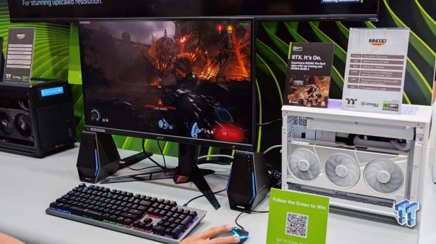 The new INNO3D GEFORCE RTX 5090 X3 White GPU in an ITX case playing DOOM: The Dark Ages.