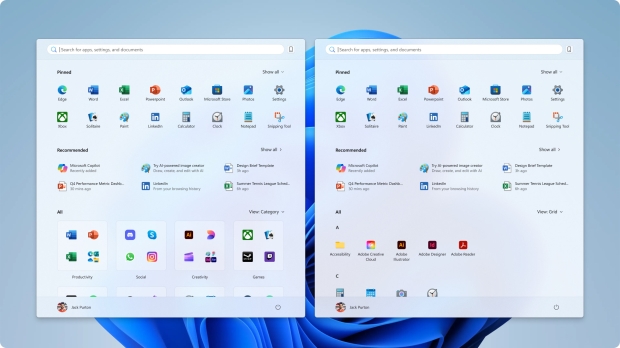 There are two new views for the list of all apps: categories (on the left) and grid view (on the right), alongside the traditional simple list (Image Credit: Microsoft)