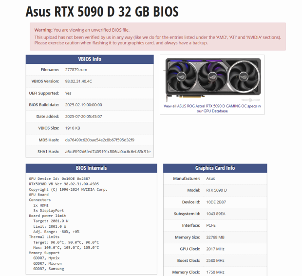 ASUS ROG Astral RTX 5090 D XOC BIOS leaked: 2001W power limit is now available to users 50