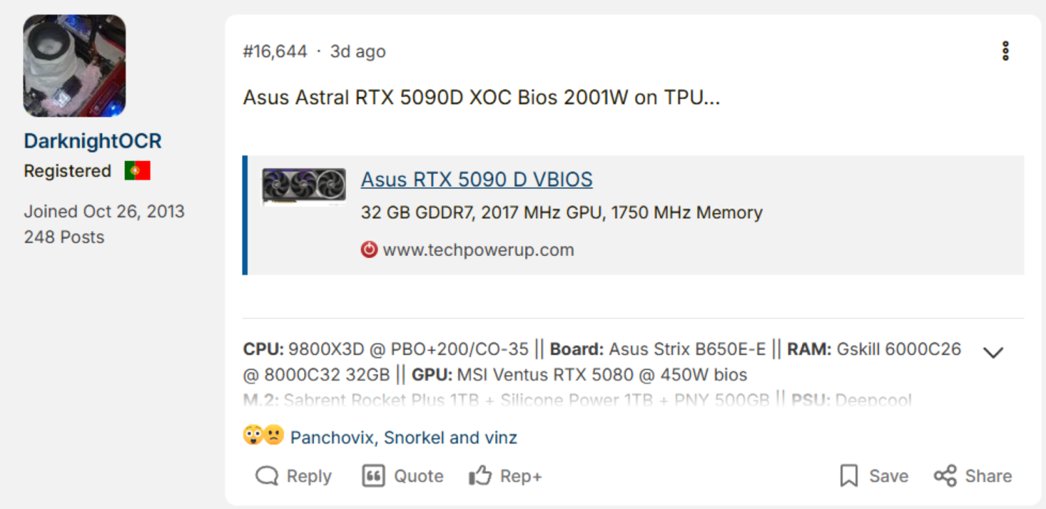 ASUS ROG Astral RTX 5090 D XOC BIOS leaked: 2001W power limit is