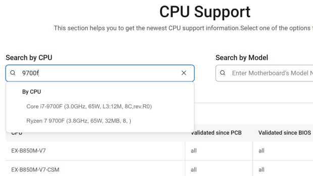 Search for the Ryzen 7 9700F via the ASUS support site and you'll find it, plus the relevant specs (Image Credit: ASUS)