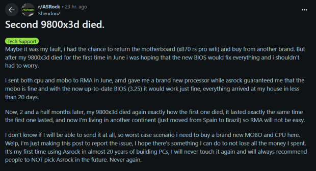This user had his 9800X3D chip die TWICE in his ASRock X870 RS Pro WiFi motherboard 02