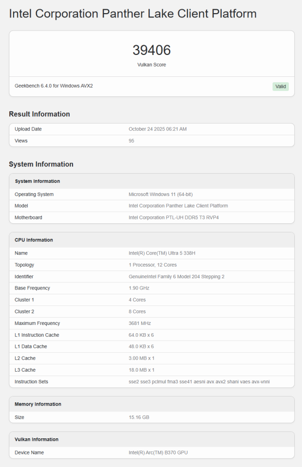 Intel Core Ultra 5 338H 'Panther Lake' CPU benched with Arc B370 GPU: keeps up with Radeon 880M 76