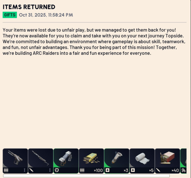 Embark returns items stolen by cheaters in Arc Raiders 7
