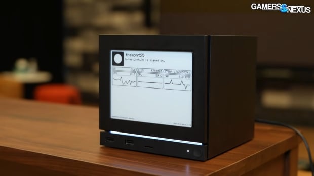 Open enlarged image Steam Machine spotted with smart custom E-ink front cover displaying CPU and GPU temps