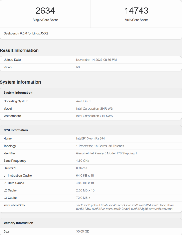 Intel Xeon 654 'Granite Rapids' CPU details leaked: 18C/36T at 4.8GHz, 72MB cache, and more 207