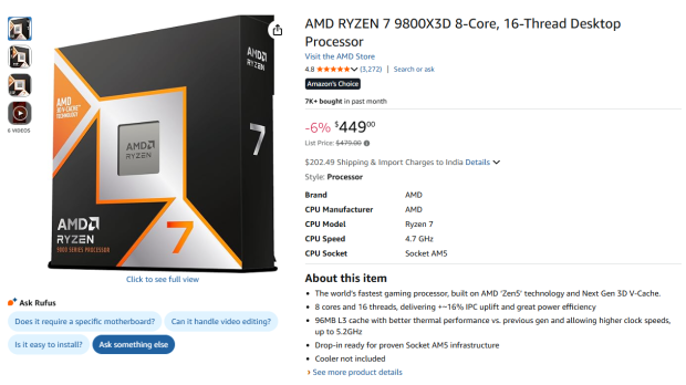 AMD Ryzen 7 9800X3D drops to below MSRP in the US, the best gaming CPU is on Amazon for $449 706