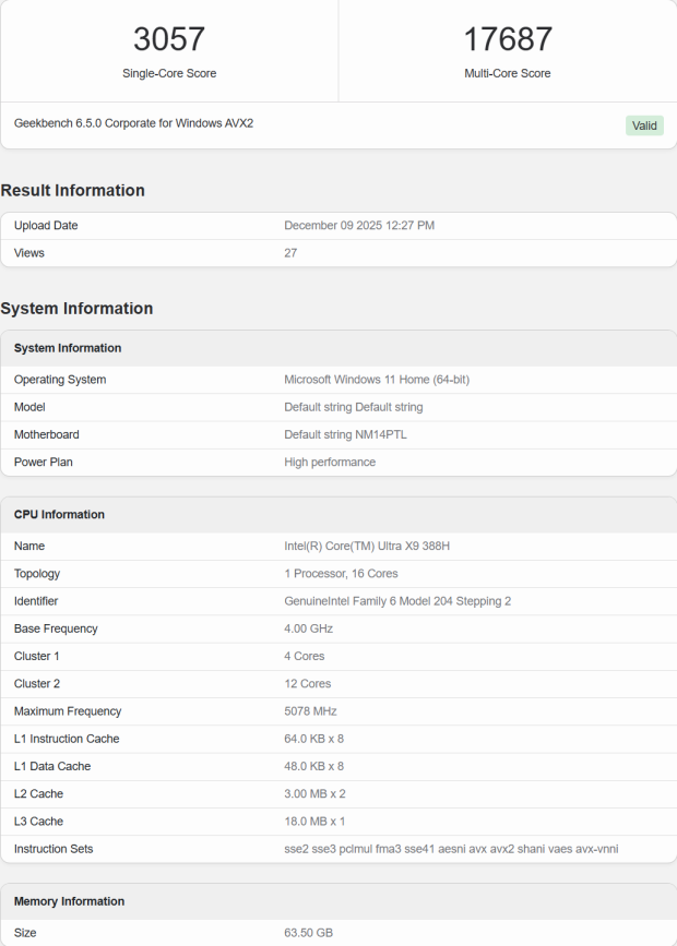 Intel's new flagship Core Ultra X9 388H 'Panther Lake' CPU performance hits Geekbench 6 68