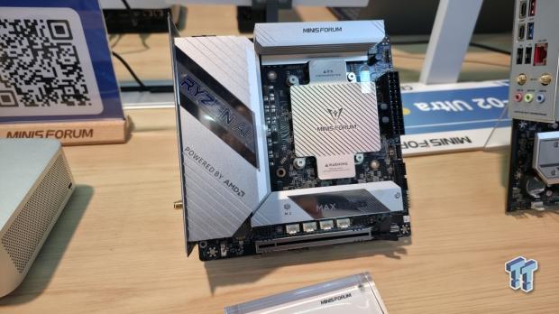 Minisforum BD395i MAX motherboard at CES 2026: built-in AMD Strix Halo APU, use your own GPU