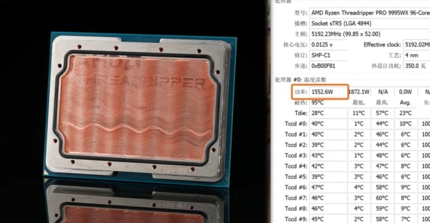 AMD Threadripper PRO 9995WX mod: custom IHS as waterblock, keeps CPU under 50W at 1550W power