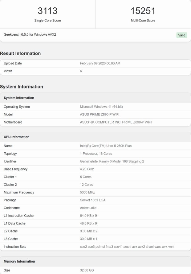 Intel Core Ultra 5 250K Plus 'Arrow Lake Refresh' CPU leaks: 18 cores at 5.3GHz benched 406