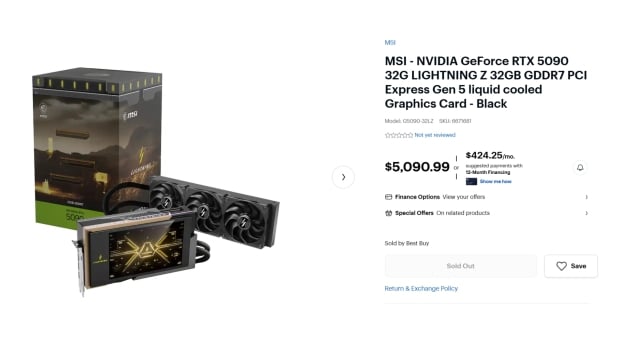 The new MSI GeForce RTX 5090 LIGHTNING Z costs $5,090, image credit: Best Buy.