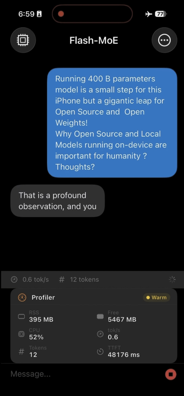 The iPhone 17 Pro can run a 400B parameter Large Language Model on-device by streaming weights from the SSD 6