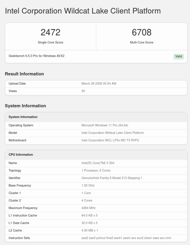 Intel's Wildcat Lake Core 3 304 spotted in Geekbench - New benchmarks show performance doubling versus N250 2