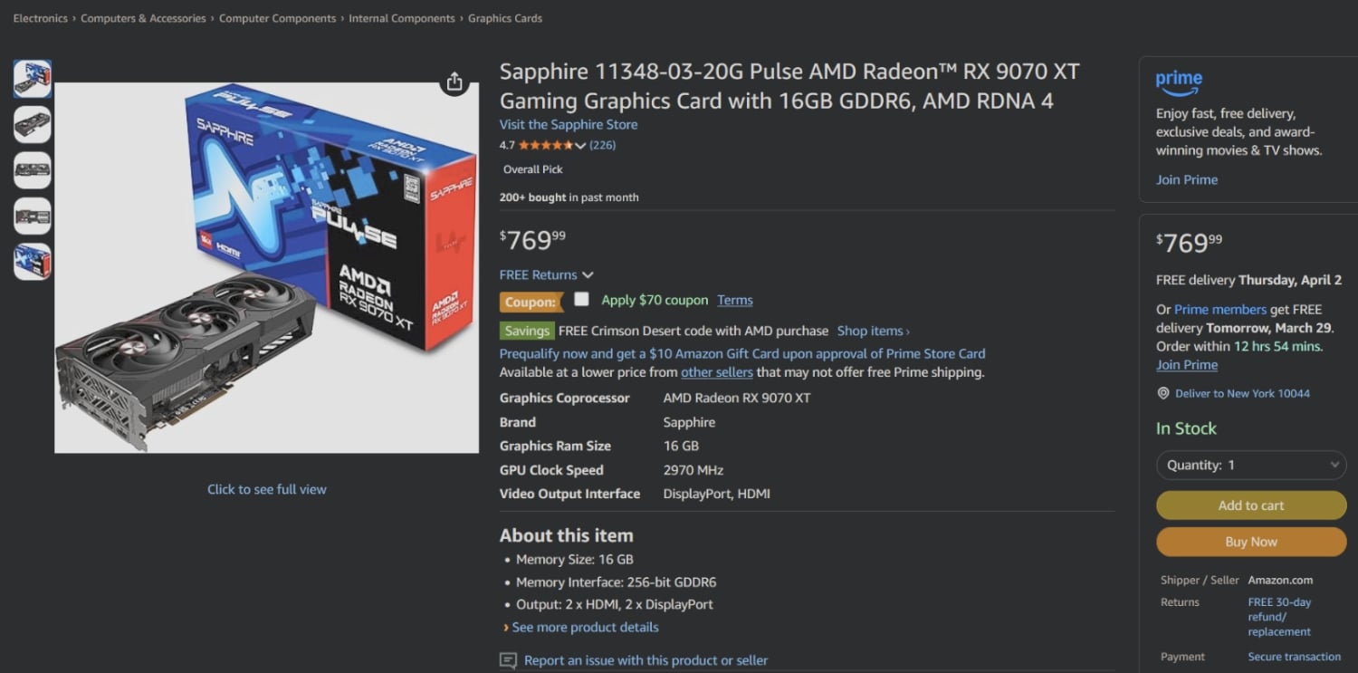 Several AMD RX 9070 XT models drop to $699, paired with a free SSD, PSU ...