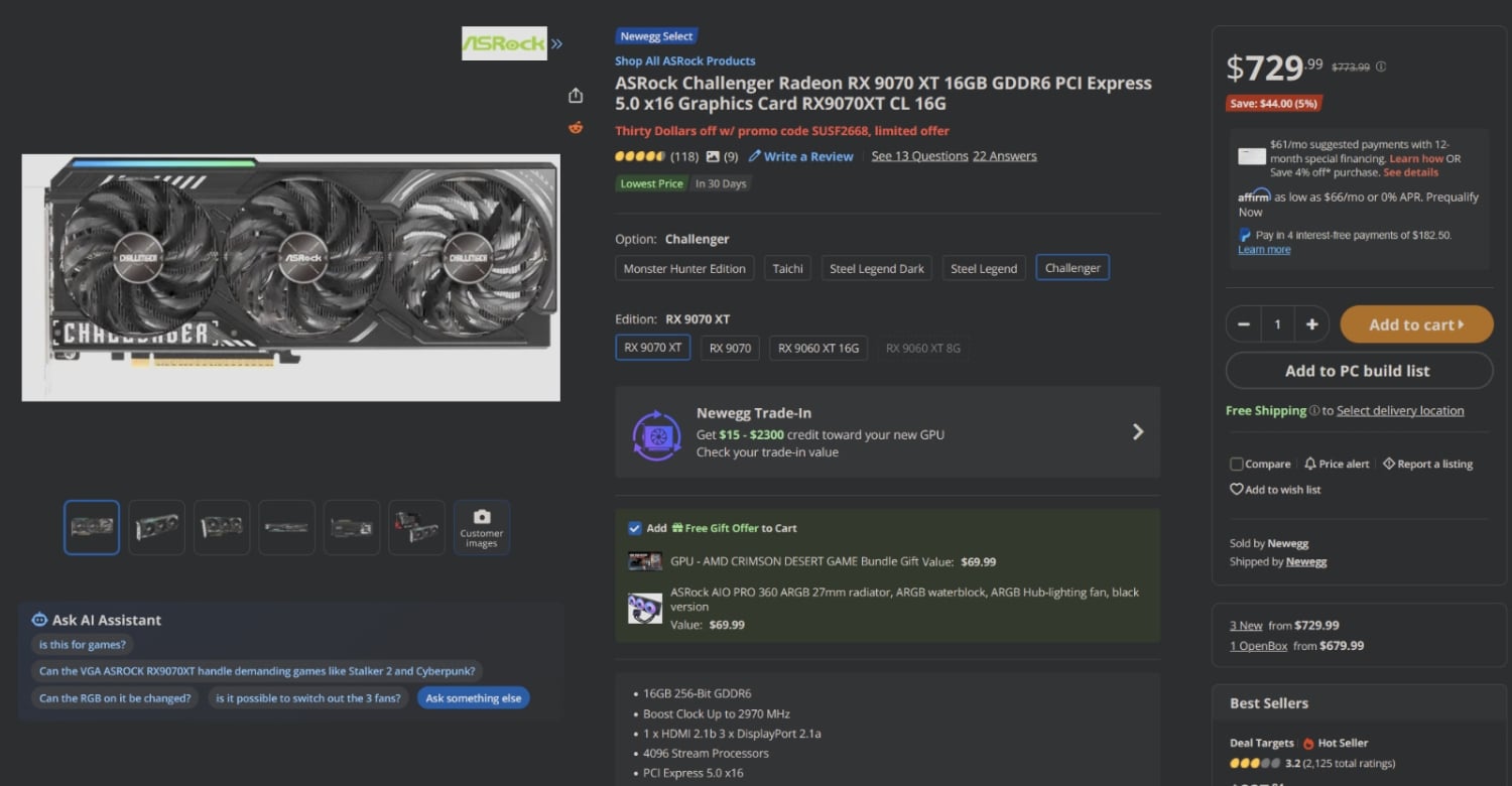 Several AMD RX 9070 XT models drop to $699, paired with a free SSD, PSU ...