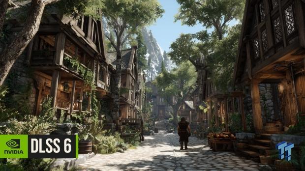 A leaked image of DLSS 6, with this example showcasing an AI-generated town in a Skyrim-style game.