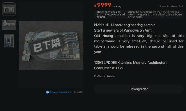 NVIDIA's N1 SoC pictured on an engineering board with 128GB of memory for local AI 1