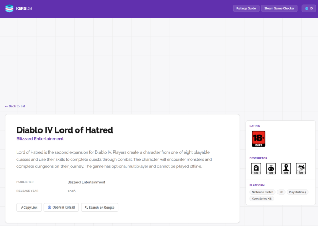 Ratings board leak points to Diablo IV and Lord of Hatred DLC releasing on Nintendo Switch 5165561