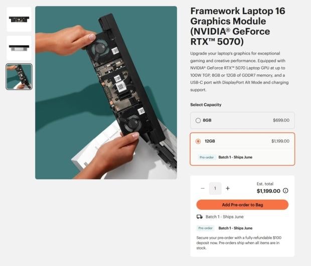 Framework Laptop 16 RTX 5070 12GB upgrade module costs 72% more than the 8GB option 1