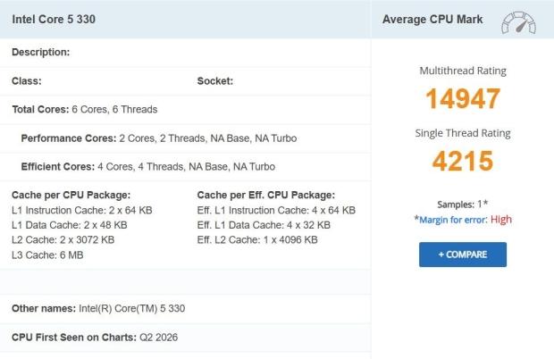 Intel 'Wildcat Lake' Core 5 330 spotted on PassMark with similar performance to the Core 5 320 1114444