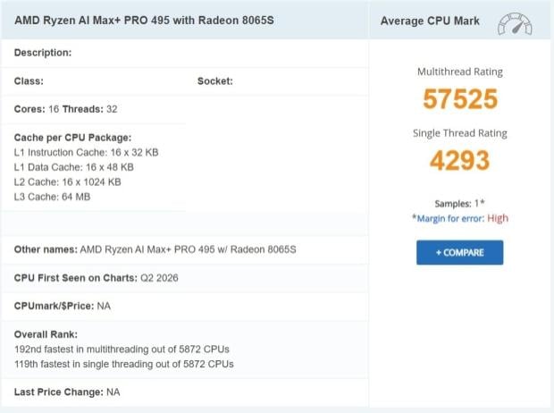 AMD Ryzen AI Max+ PRO 495 'Gorgon Halo' APU spotted on PassMark with a new Radeon 8065S GPU 22