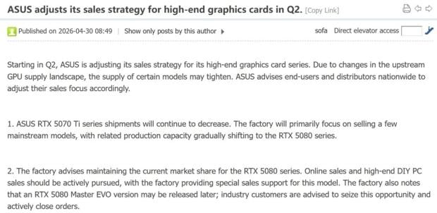 ASUS reportedly planning to decrease RTX 5070 Ti supply in favor of the RTX 5080 4206