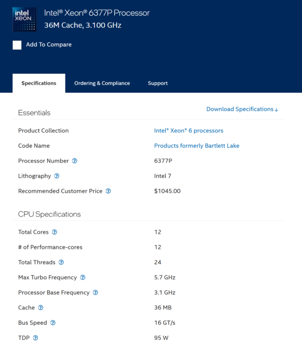Intel lists the Xeon 6377P 'Bartlett Lake' CPU for enterprise use 23
