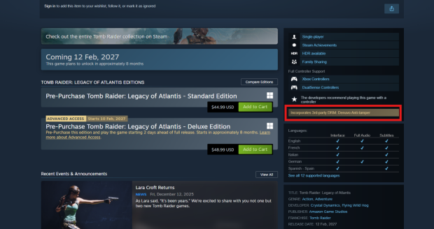 Tomb Raider: Legacy of Atlantis PC system requirements are out, and Denuvo DRM is confirmed ahead of its 2027 launch 1